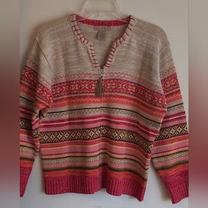 Mountain Lake Women's M Striped Knit Cardigan Zip Up Sweater Tan & Coral Nordic